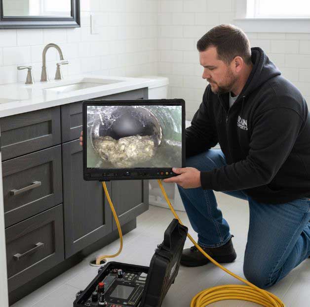 Camera inspection of a bathroom sink P-trap and drain