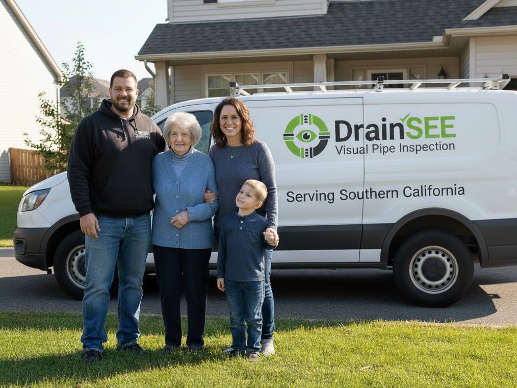 Homeowner reviewing live camera footage during a drain inspection