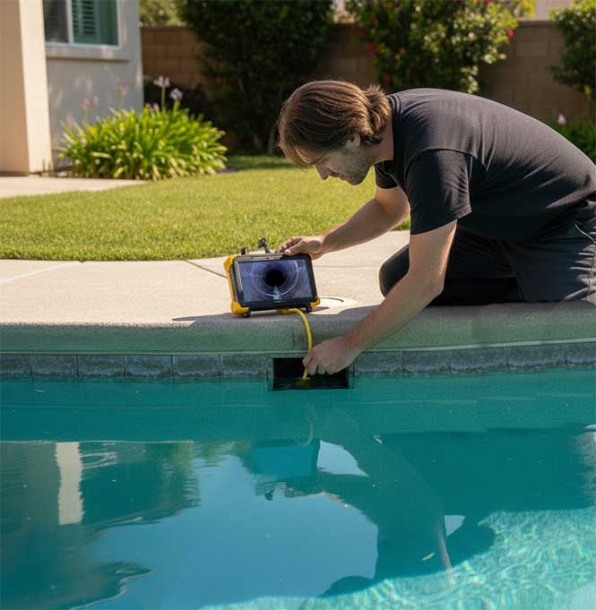 Under-deck pool plumbing camera inspection