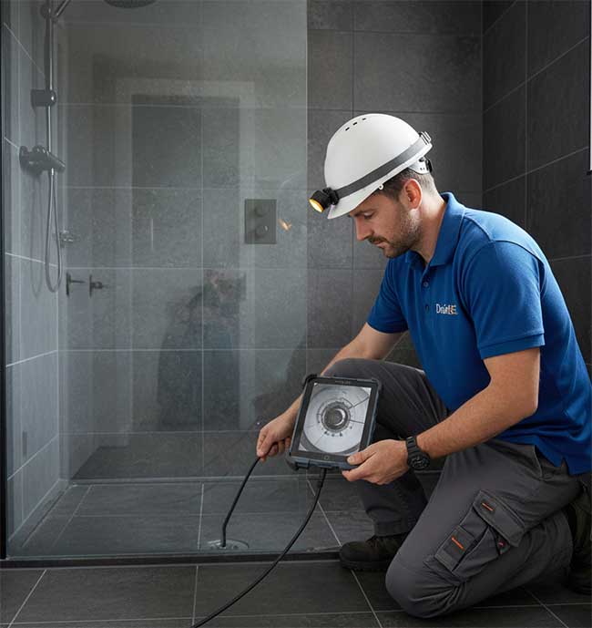 Camera being inserted into a shower drain trap