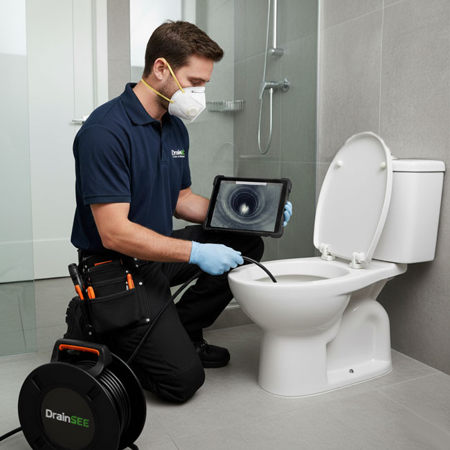 Indoor drain camera inspection of a bathroom line